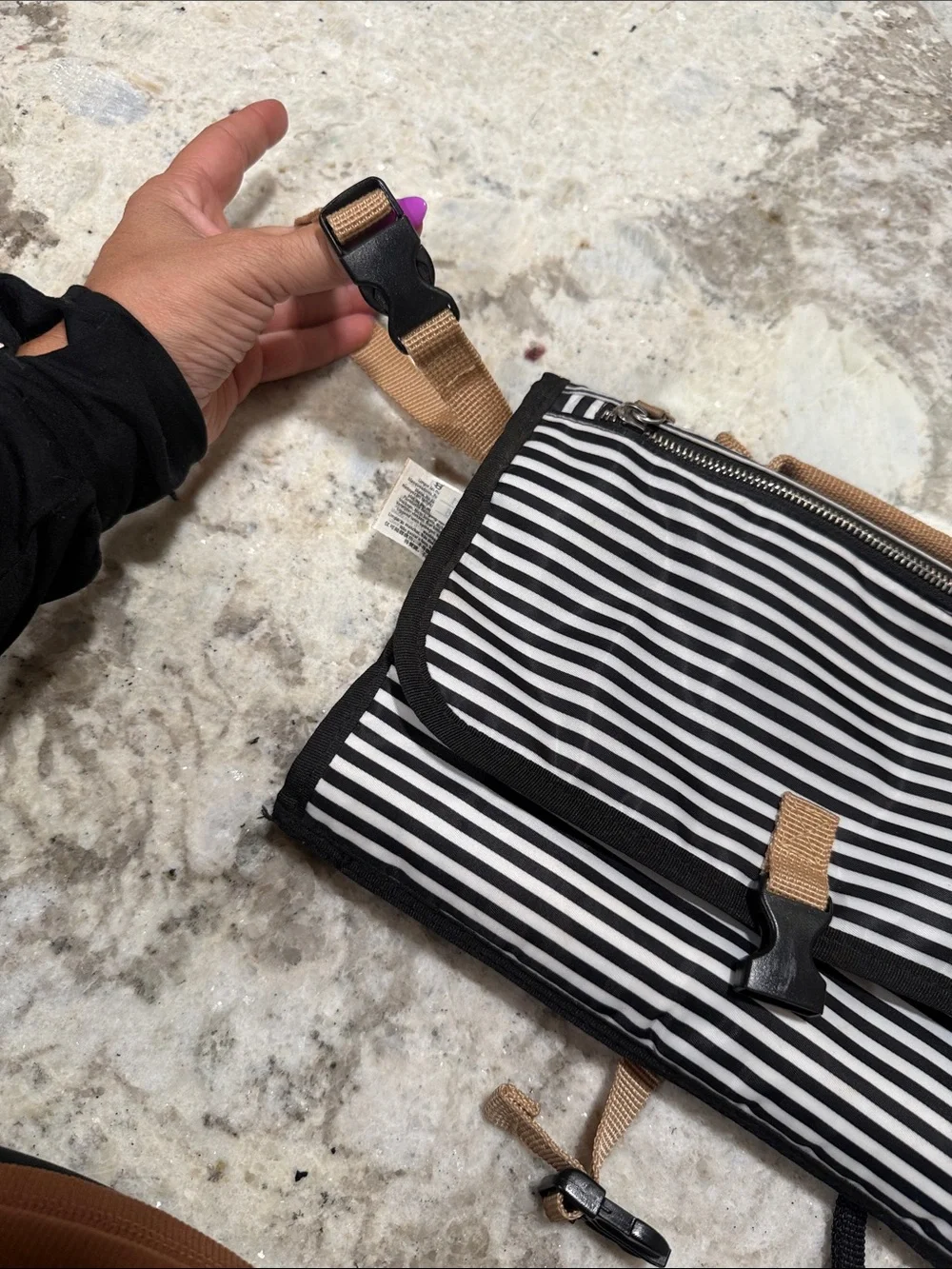 Skip Hop Black & White Striped Men's Toiletry Organizer with Tan Strap